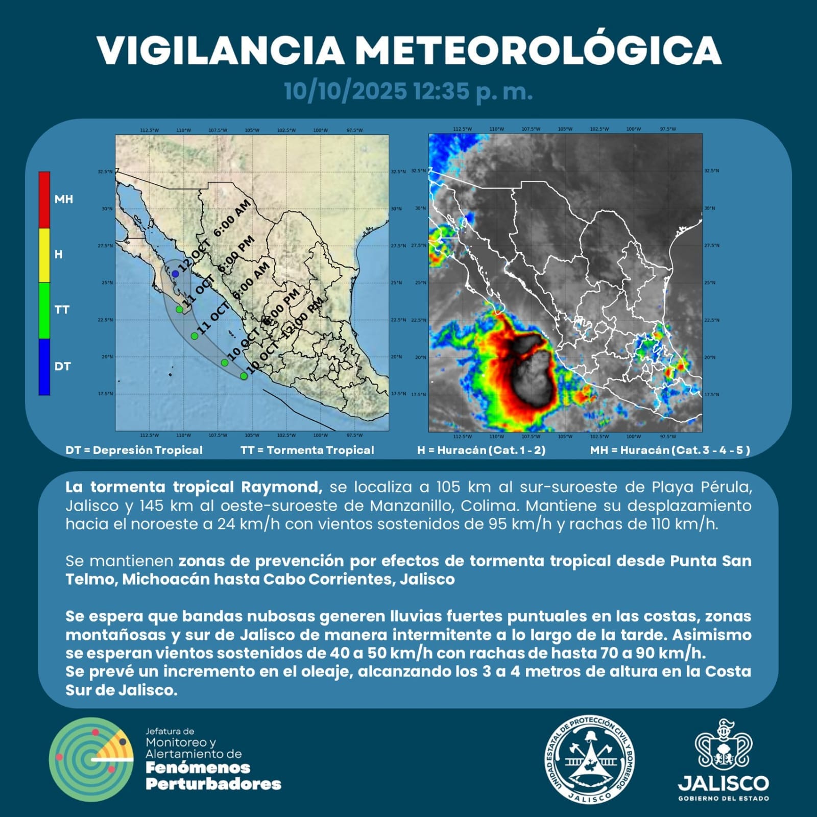 Mantienen vigilancia por la Tormenta Tropical “Raymond” frente a las costas de Jalisco y Colima