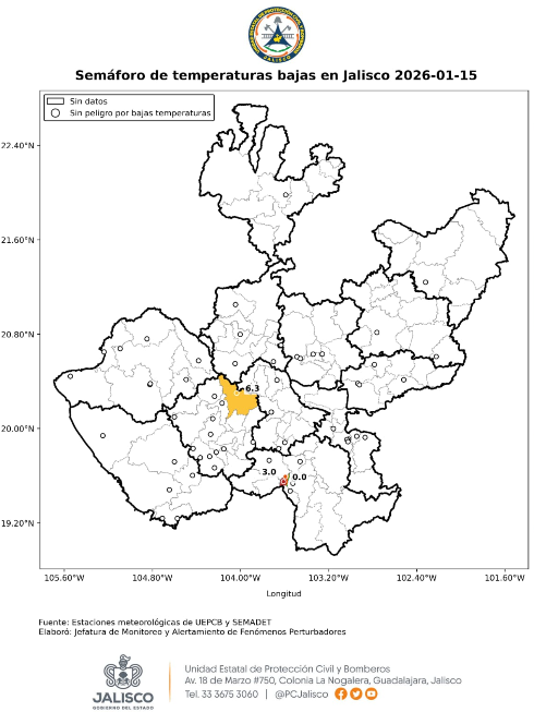 Persisten vientos fuertes y frío en Jalisco; continúan lluvias y heladas en zonas altas