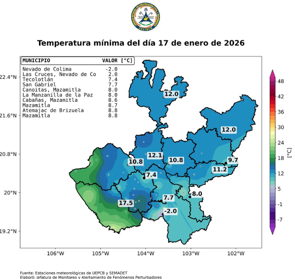 Frío intenso persiste en las montañas del sur de Jalisco; Nevado de Colima registra -2 °C